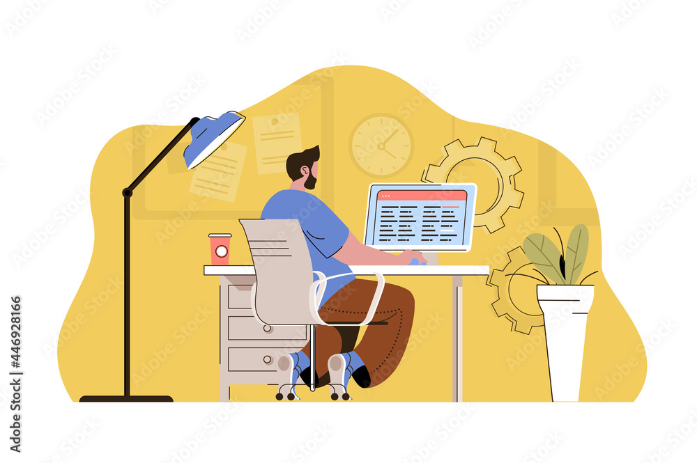 Poster Work optimization concept. Man creates schedule, planning processes and tasks situation. Time management people scene. Vector illustration with flat character design for website and mobile site