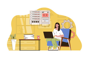 Work in better place concept. Woman working on laptop from home office situation. Comfortable remote workplace people scene. Vector illustration with flat character design for website and mobile site