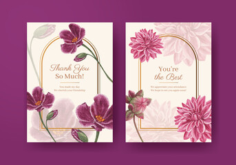 Card template with muave red floral concept,waterolor style