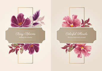 Wreath template with muave red floral concept,waterolor style - obrazy, fototapety, plakaty