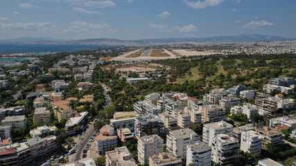 Naklejka premium Aerial drone photo of seaside area with ports and beaches of Glifada, Athens riviera, Attica, Greece