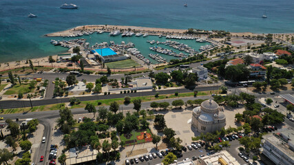 Aerial drone photo of seaside area with ports and beaches of Glifada, Athens riviera, Attica, Greece