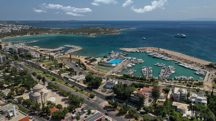 Aerial drone photo of seaside area with ports and beaches of Glifada, Athens riviera, Attica, Greece