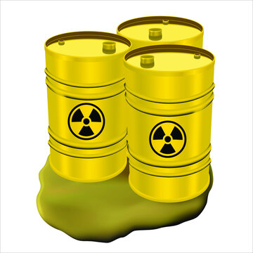 Three yellow metal drums with radioactive waste and spilled liquid. Pollution concept. Keg for toxic waste. A barrel of poisonous liquid. Danger of ecological disaster