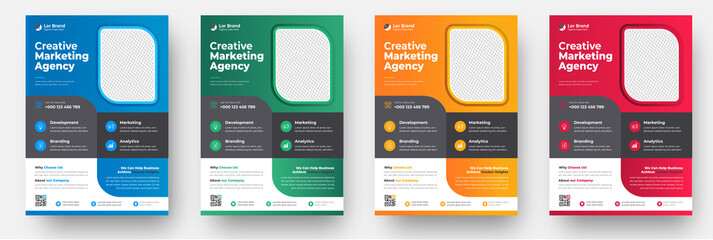 Corporate business flyer template design set with blue, yellow, pink and green color. digital marketing agency flyer, business marketing flyer set, grow your business digital marketing new flyer. - obrazy, fototapety, plakaty
