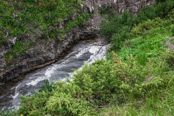 Moutain river with clear water and rapid flow. Beautiful natural scenery. Tekes river in Kazakhstan.