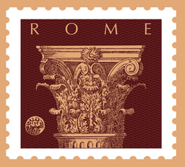 Vector image of a postage stamp with a Roman column, made in a graphic style.