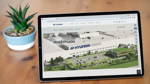 Istanbul, Turkey - July 2021: Illustrative Editorial screenshot of Turkish Hyundai Assan Otomotiv website homepage. Hyundai Assan logo visible on a tablet screen.