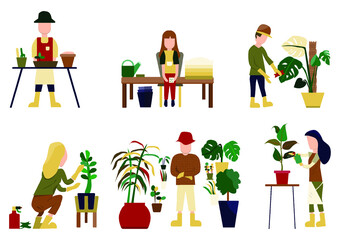 People gardening. Man and Woman planting gardens flowerpot, agriculture gardener hobby houseplants in pot outdoor. Vector is drawn illustrations of plants in pots working. farm Flat vector icon set