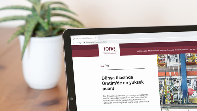 Istanbul, Turkey - July 2021: Illustrative Editorial screenshot of Turkish Tofas Turk Otomotiv homepage. Tofas Turk Otomotiv logo visible on a digital screen close-up