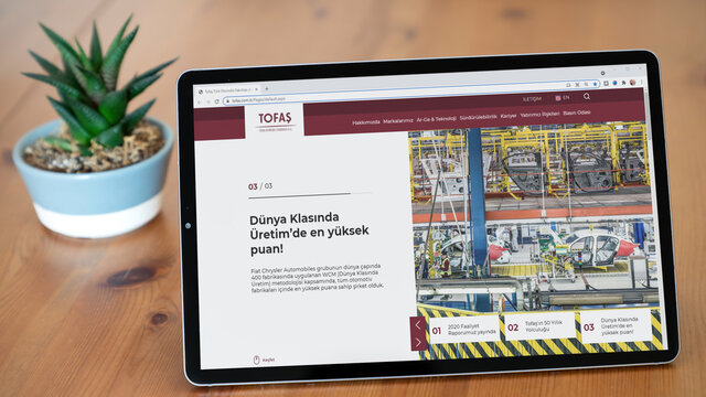 Istanbul, Turkey - July 2021: Illustrative Editorial screenshot of Turkish Tofas Turk Otomotiv homepage. Tofas Turk Otomotiv logo visible on a tablet screen.