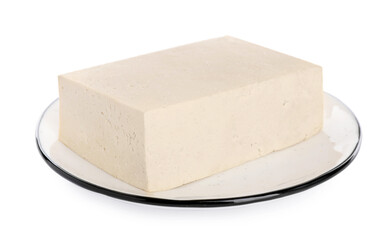 Plate with delicious raw tofu isolated on white