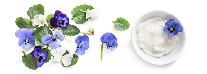 Viola or violet flowers and leaves and a bowl with natural cosmetics balm, isolated with small...