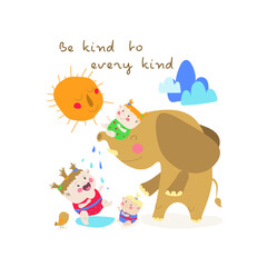 Happy children playing with a big elephant. Little girls are friends with the kind elephant. Vector illustration on white background in cartoon style. Isolate. 