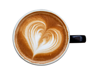 Black coffee cup of art latte with froth heart shaped isolated on white background. Top view.