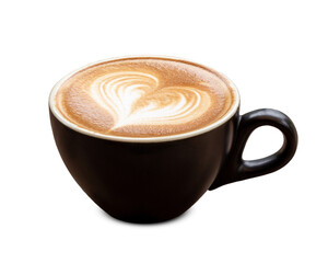 Black coffee cup of art latte with froth heart shaped isolated on white background. With clipping path.