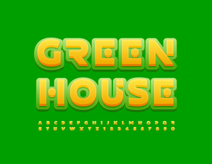 Vector trendy Banner Green House.  Modern Bright Font. Artistic Alphabet Letters and Numbers set