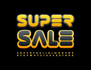 Vector bright Banner Super Sale. Unique Stylish Font. Yellow and Black 3D Alphabet Letters and Numbers set.