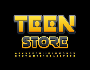 Vector creative banner Teen Store. Black and Yellow trendy Font. Bright Alphabet Letters and Numbers set