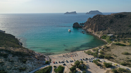 Aerial drone photo of beautiful emerald crystal clear sandy beach and bay of Plathiena, Milos island, Cyclades, Greece