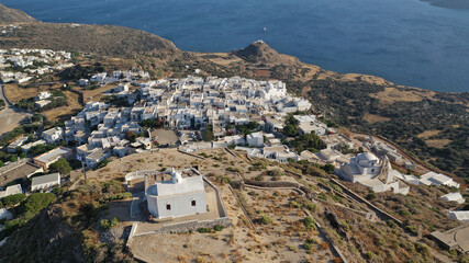 Aerial drone photo from uphill Venetian castle and small chapel overlooking the Aegean sea on top...