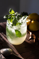 Homemade lemonade with fresh mint leaves at sunset. Moody photography of drink. Refreshing lemonade with ice and mint