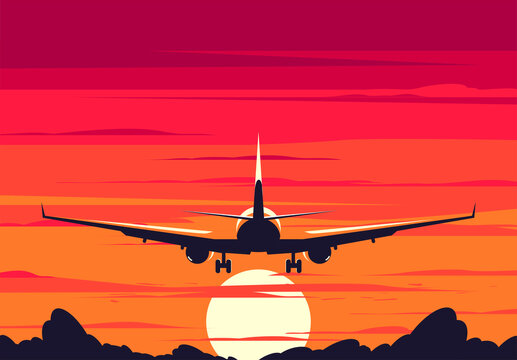 Vector illustration of a plane taking off, rear view, against a sunset background