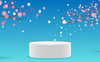 white podium white sakura flower background