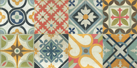Mega Gorgeous seamless patchwork pattern from colourful Moroccan, Portuguese tiles, Azulejo,...