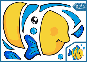 Kids paper game for craft puzzle. Cut and glue fish. Activity page and worksheet for children. Cutout cartoon toy. Vector illustration.