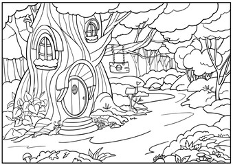 Coloring page forest tree house. Children coloring book with drawing fairies landscape. Kids vector illustration.