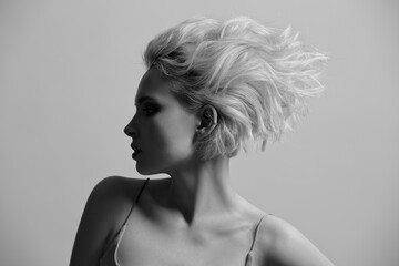 Portrait of a beautiful blonde girl with a short haircut. Black and white image.