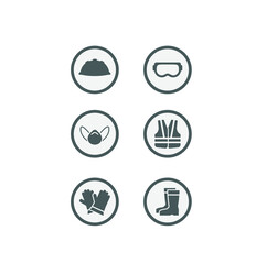 safety equipment icons, helmet, goggles, mask, jacket, gloves, boot icons