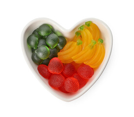 Delicious gummy fruit shaped candies on white background, top view
