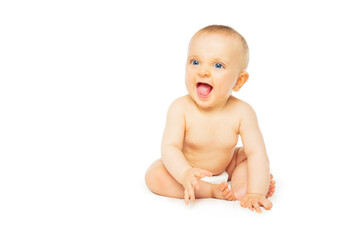Baby girl in diaper isolated, sit smile and laugh