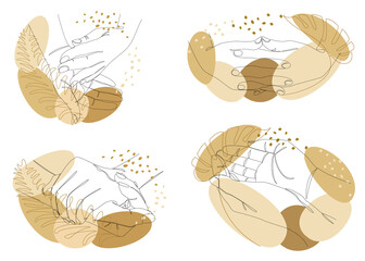 Silhouette Collection of human hands. Applause concepts in a modern one line style with plant leaves. Solid line sketches for decor, posters, stickers, logo. Vector illustration set.