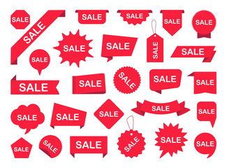 Set of sale label. Red ribbon banners. Sale tags for advertising. Sticker sale offer. New Label collection. Vector illustration.