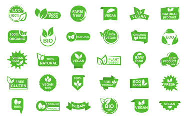 Set of organic, eco, vegan, bio food labels. Stickers of 100 percent, healthy, fresh, natural product. Collection logos and badges for healthy food. Green emblems for promotion vegan products. - obrazy, fototapety, plakaty
