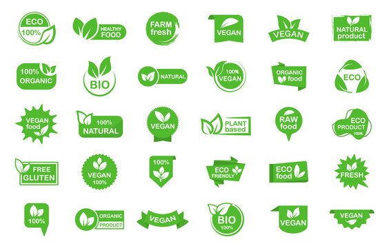 Set of organic, eco, vegan, bio food labels. Stickers of 100 percent, healthy, fresh, natural product. Collection logos and badges for healthy food. Green emblems for promotion vegan products.