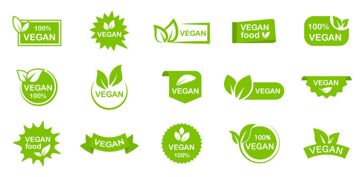 Set of organic, eco, vegan, bio food labels. Stickers of 100 percent, healthy, fresh, natural product. Collection logos and badges for healthy food. Green emblems for promotion vegan products.