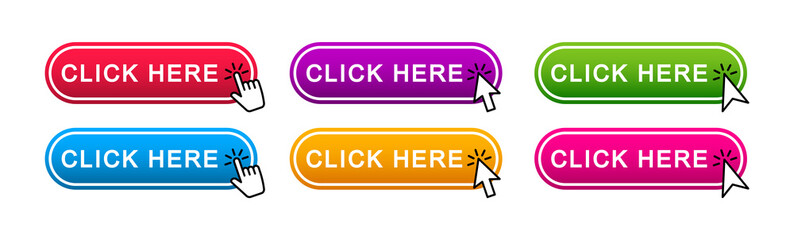 Click here web buttons. Set of action button click here with arrow pointer. Vector illustration. - obrazy, fototapety, plakaty