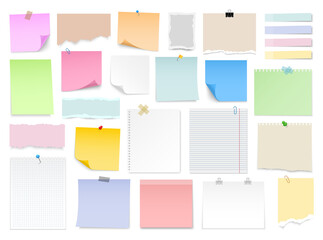 Note paper with pin, binder clip, push pin, adhesive tape and tack. Blank sheet, sticky note, torn piece of paper and notebook page. Templates for a note message. Vector illustration.