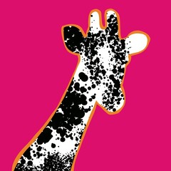 Digital illustration in the style of Pop art. The giraffe is depicted with a black-and-white texture on a pink background. A bright picture about an African safari.