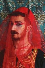 portrait of young gender queer man with drag makeup with ottoman empire fez, red tunic/ kaftan & red veil & turkish ottoman figures background Zenne turkish anatolian ottoman drag queen / male dancer