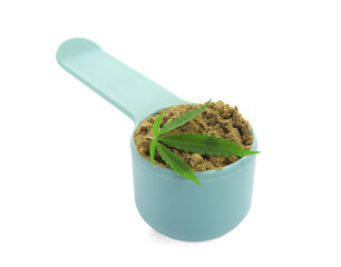 Scoop with hemp protein powder and green leaf on white background