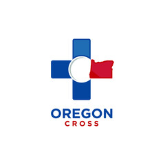 Oregon Map and Cross icon. Medical Logo Design. Vector Illustration.