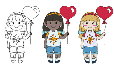 Cute girl with a balloon in cartoon style. Vector illustration isolated on a white background. Element for print, greeting and invitation card. Coloring page with color options.
