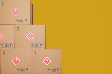 Dangerous goods, cardboard boxes with markings Combustable on a yellow-brown background. 3d...