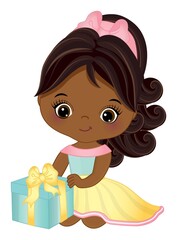 Cute Little African American Girl Holding Gift Box