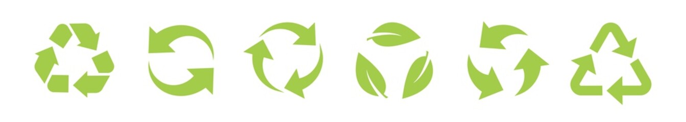 Recycle vector icon set. Arrows, heart and leaf recycle eco green symbol. Rounded angles. Recycled signs illustration isolated on white background.